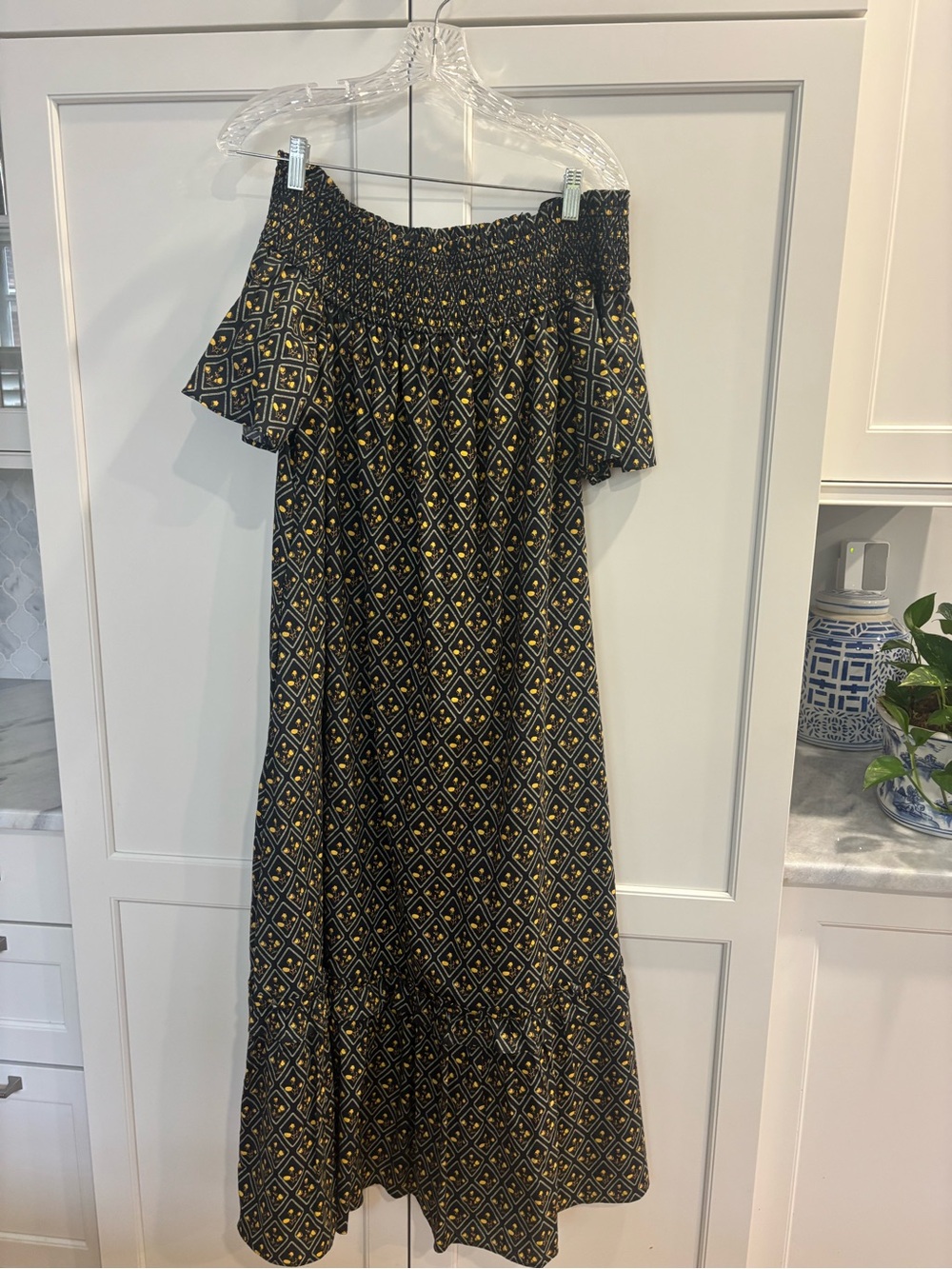 Off-Shoulder Maxi Dress in Black and Mustard Geometric Print